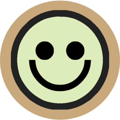 A green and brown smiley face in the middle of a circle.