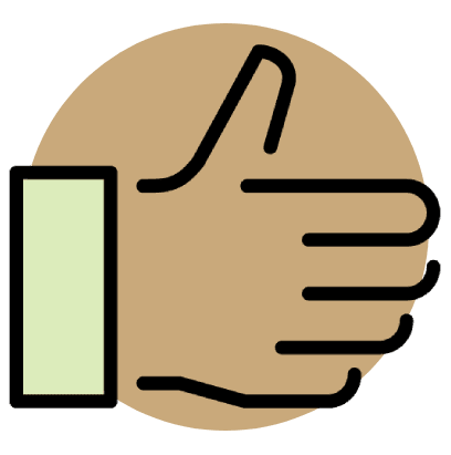 A hand with thumb up in front of a circle.
