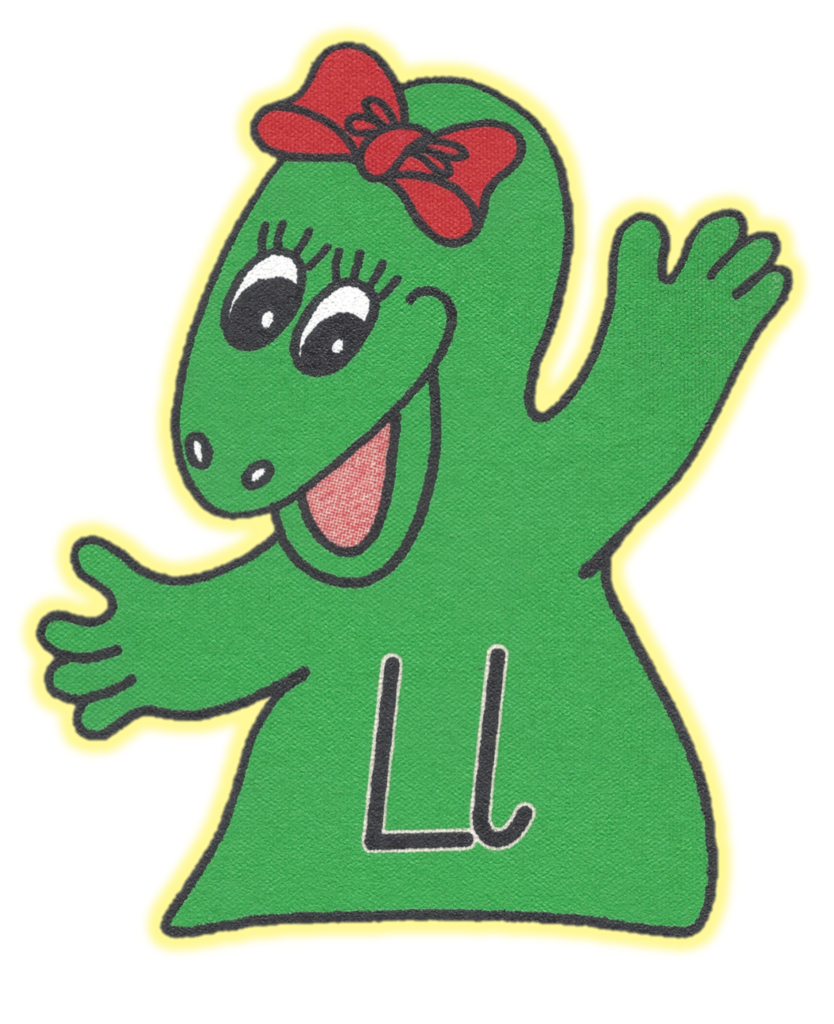 Lizzie Lizard Gingerbread Preschools mascot with a red bow on its head.